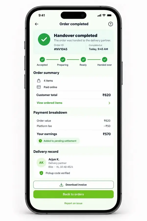 Navora store app design showing handover completed