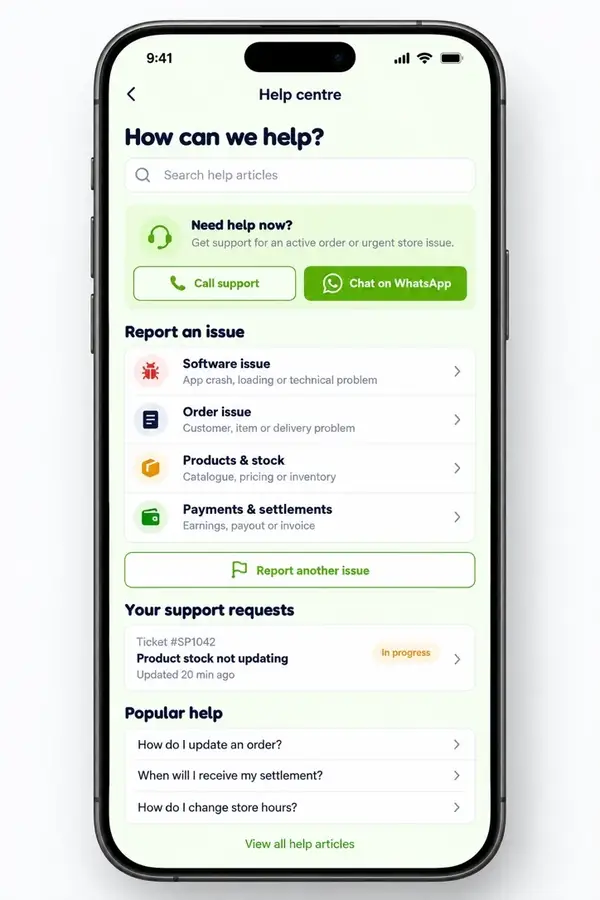 Navora store app design showing help centre