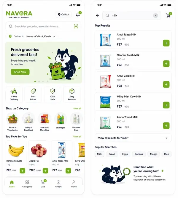 Navora app design showing home and search