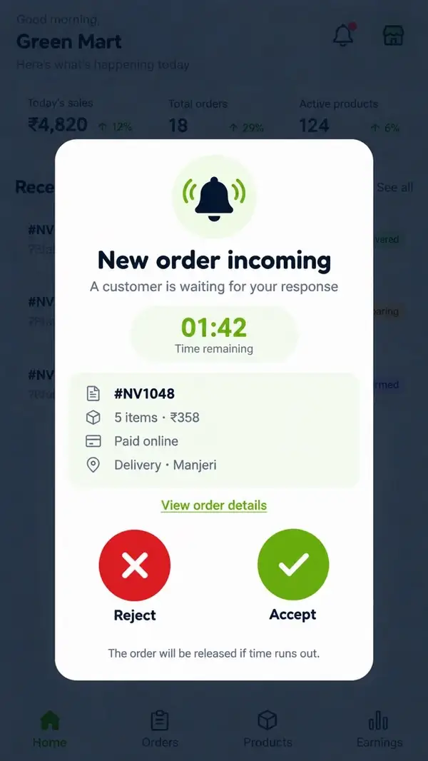 Navora store app design showing incoming order alert