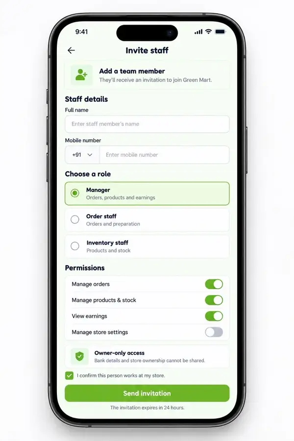 Navora store app design showing invite staff