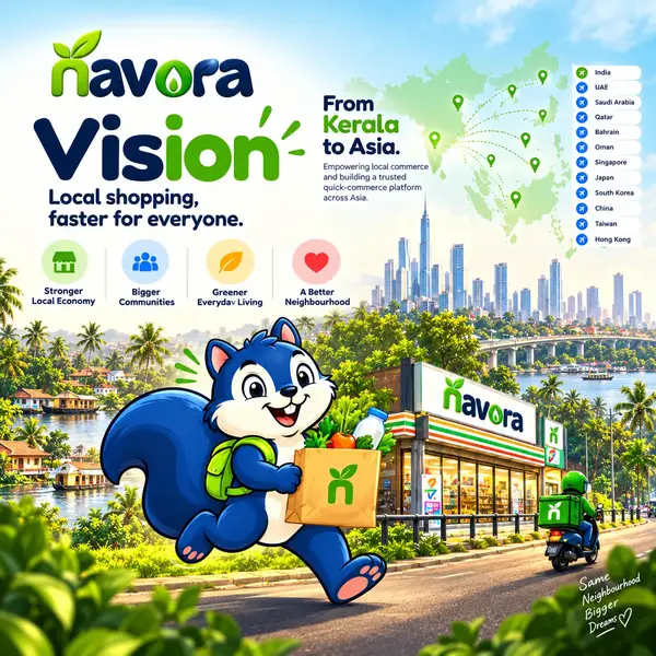 Navora vision artwork showing the Navo squirrel, a local store and a map from Kerala across Asia.