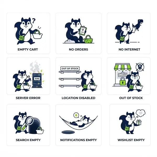 Navora squirrel mascot: mascot empty states