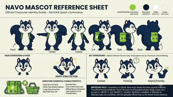 Navora squirrel mascot: navo character reference