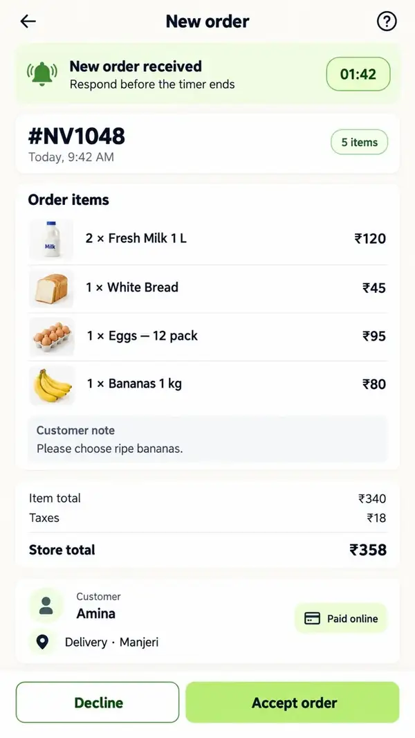 Navora store app design showing new order details