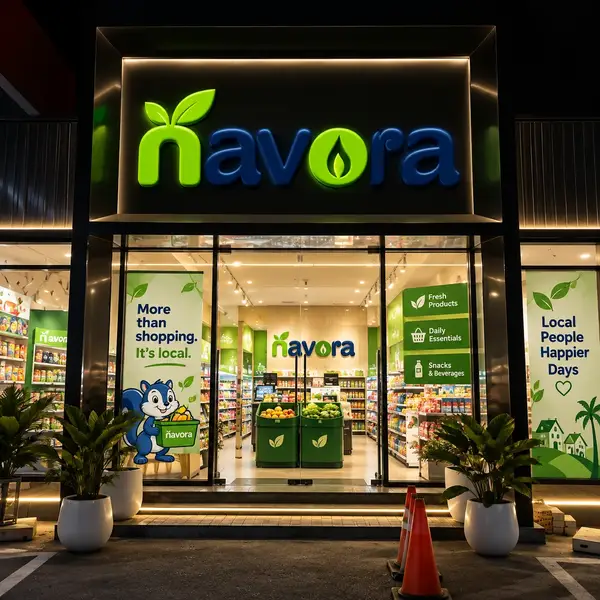 Concept visual: frontal night view of a Navora convenience store with bright signage and produce displays.
