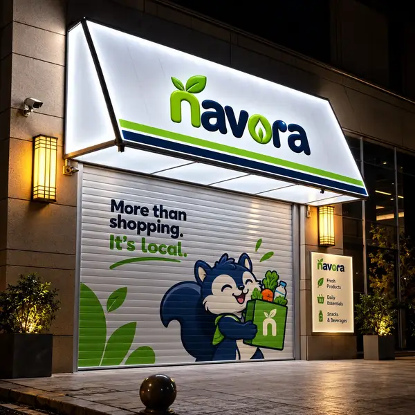 Concept visual: navora storefront sign and squirrel mural glowing above a closed shop at night.