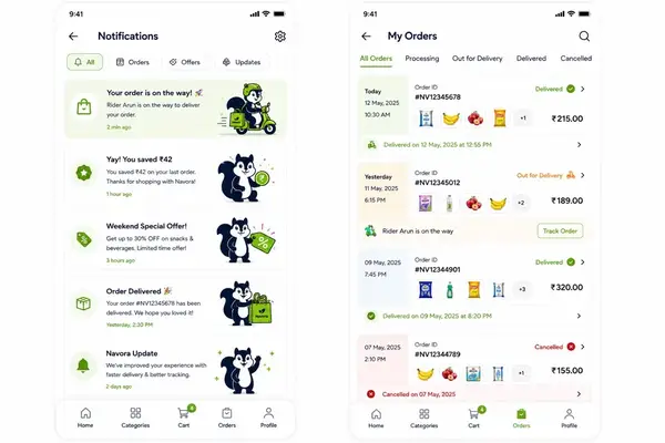 Navora app design showing notifications and orders
