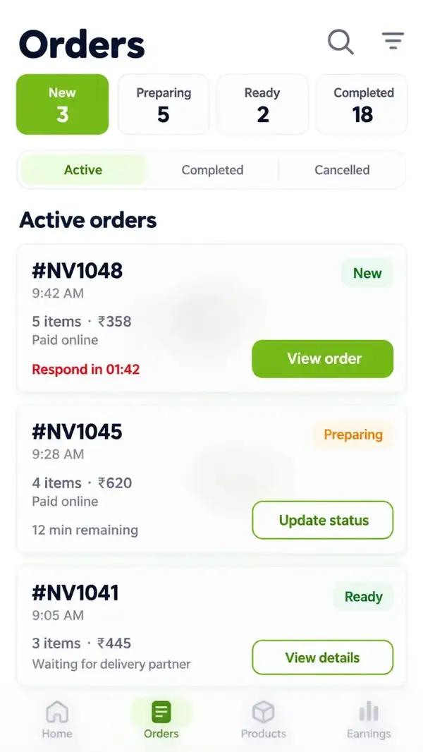 Navora store app design showing orders list