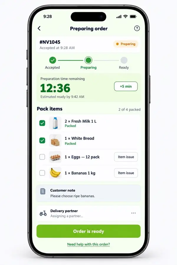 Navora store app design showing preparing an order