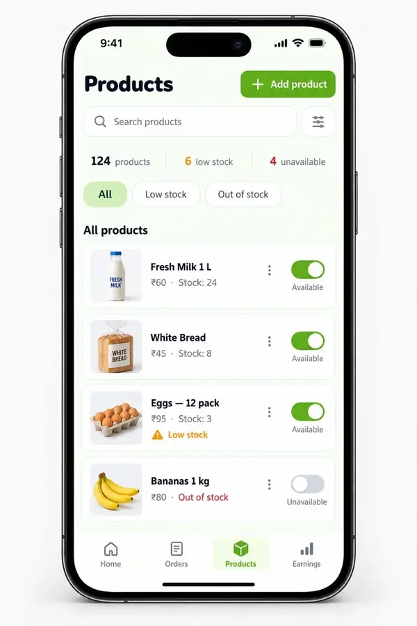 Navora store app design showing products list
