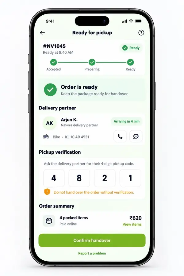 Navora store app design showing ready for pickup