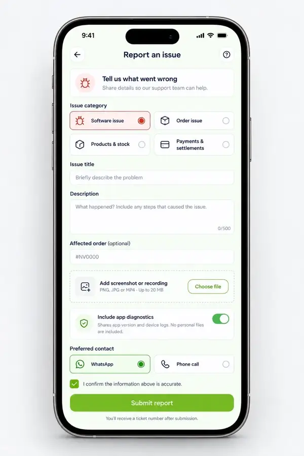 Navora store app design showing report an issue