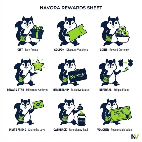 Navora squirrel mascot: rewards illustrations