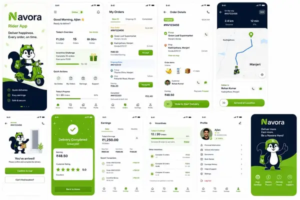 Navora rider app design showing rider app overview