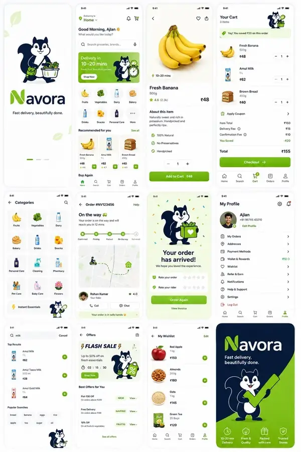 Navora app design showing shopping app overview