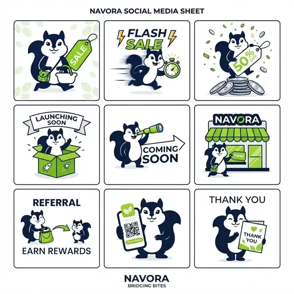 Navora squirrel mascot: social media illustrations