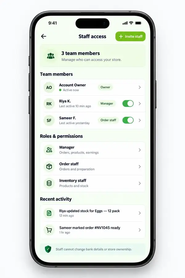 Navora store app design showing staff access