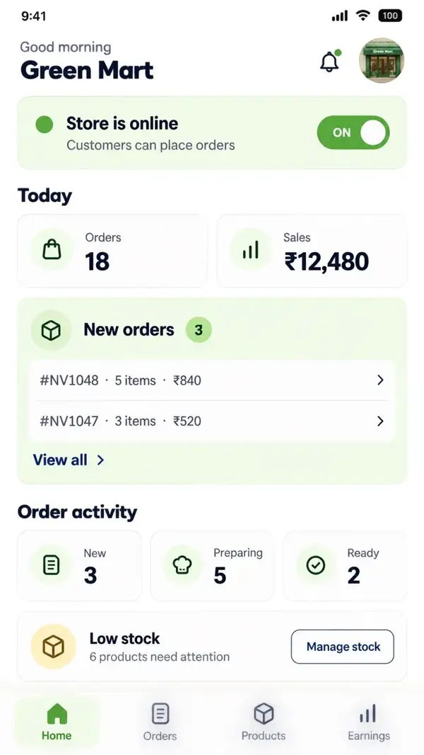 Navora store app design showing store dashboard