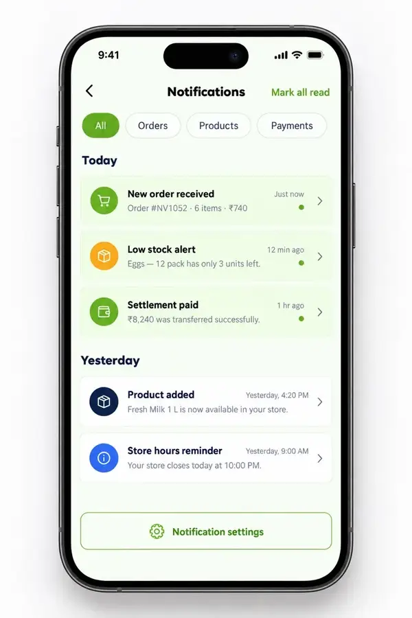 Navora store app design showing store notifications