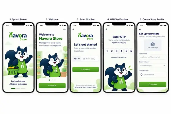 Navora store app design showing store onboarding