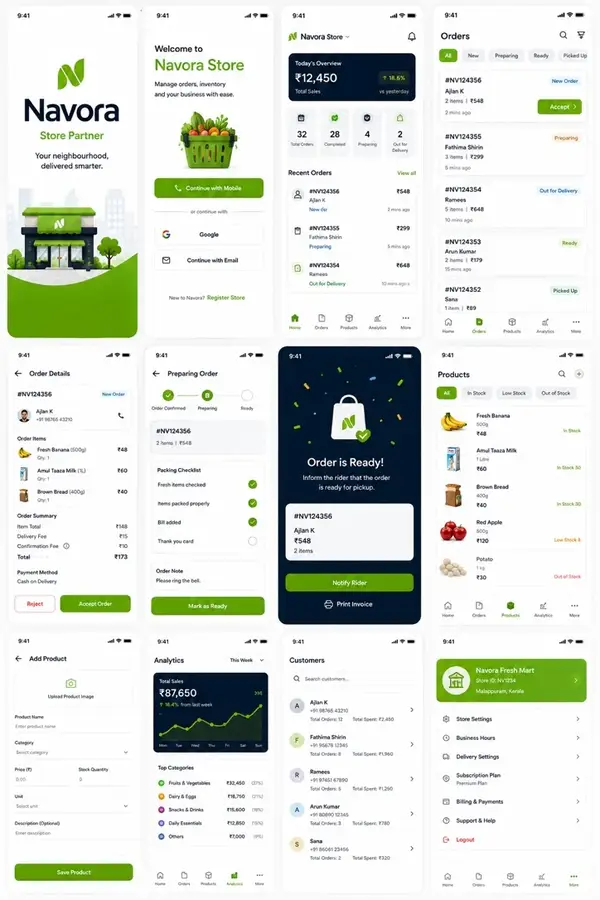 Navora store app design showing store partner app journey