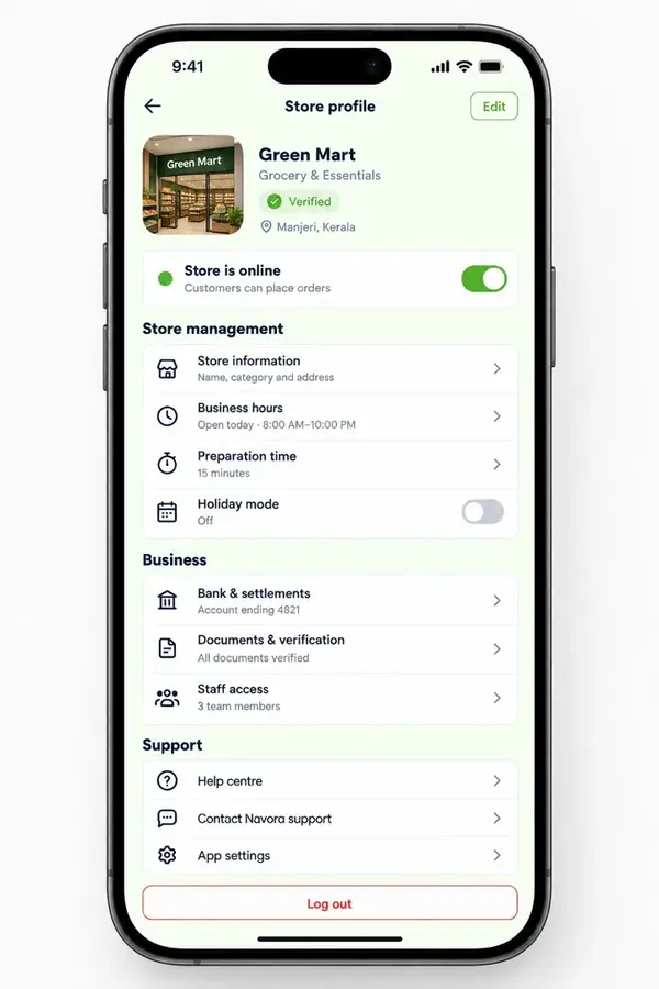 Navora store app design showing store profile