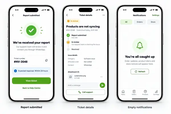 Navora store app design showing support and notification states