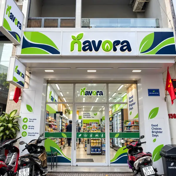 Concept visual: daytime view of a Navora convenience storefront in Vietnam with scooters parked outside.
