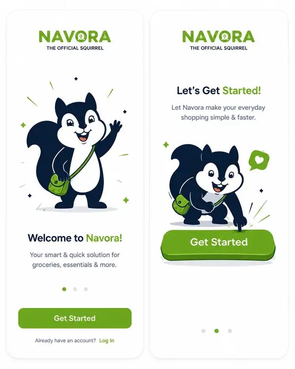 Navora app design showing welcome screens